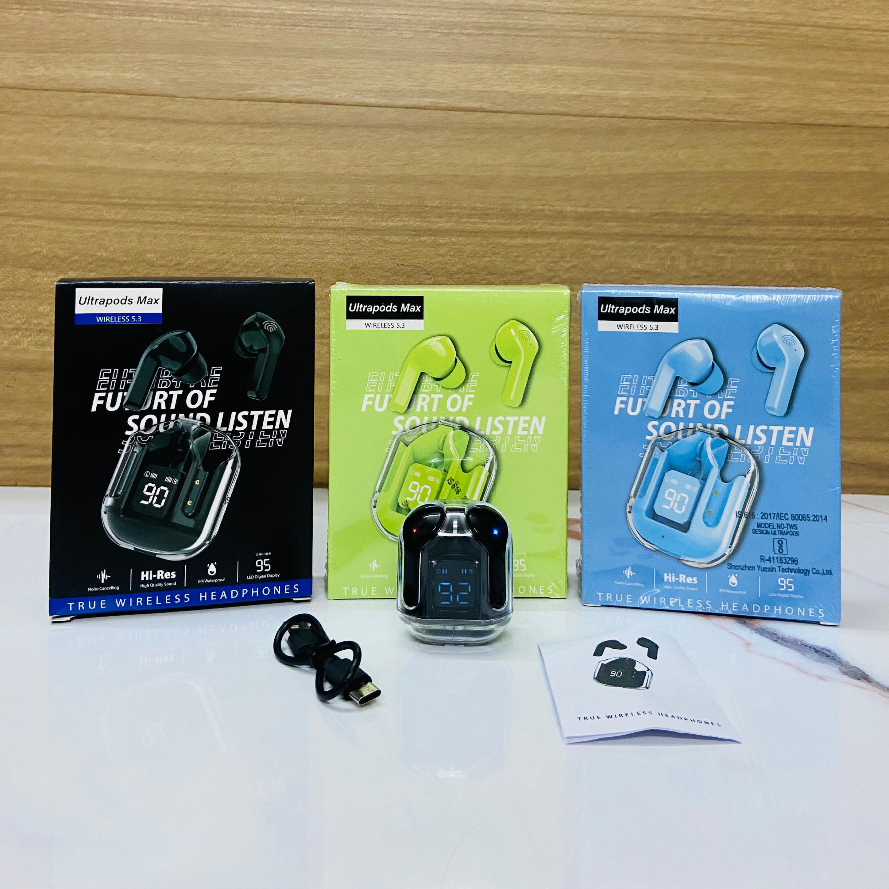 Tws Ultrapods Max Wireless 5.3 Waterproof Earbuds With Display Transparent Design